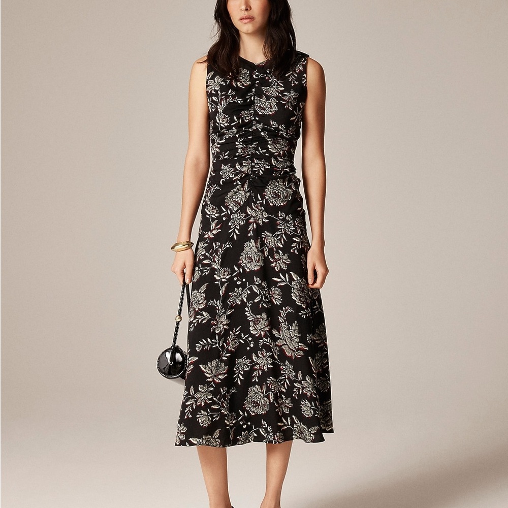 J. Crew Veranda Ruched Front Maxi Dress Black Floral Print Sleeveless 2X NWOT